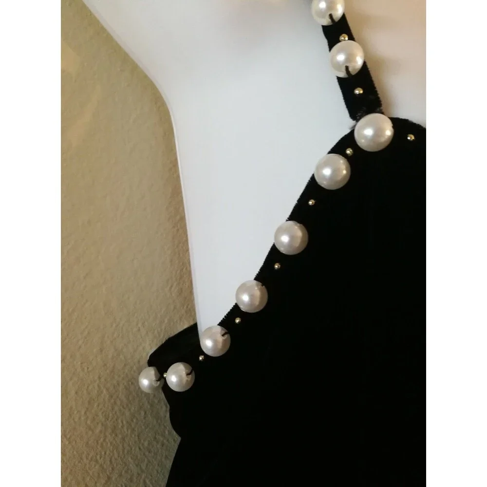 Women Midi ST AL Exclusive Cocktail Black Velvet Dress w Pearls Size 12 See desc